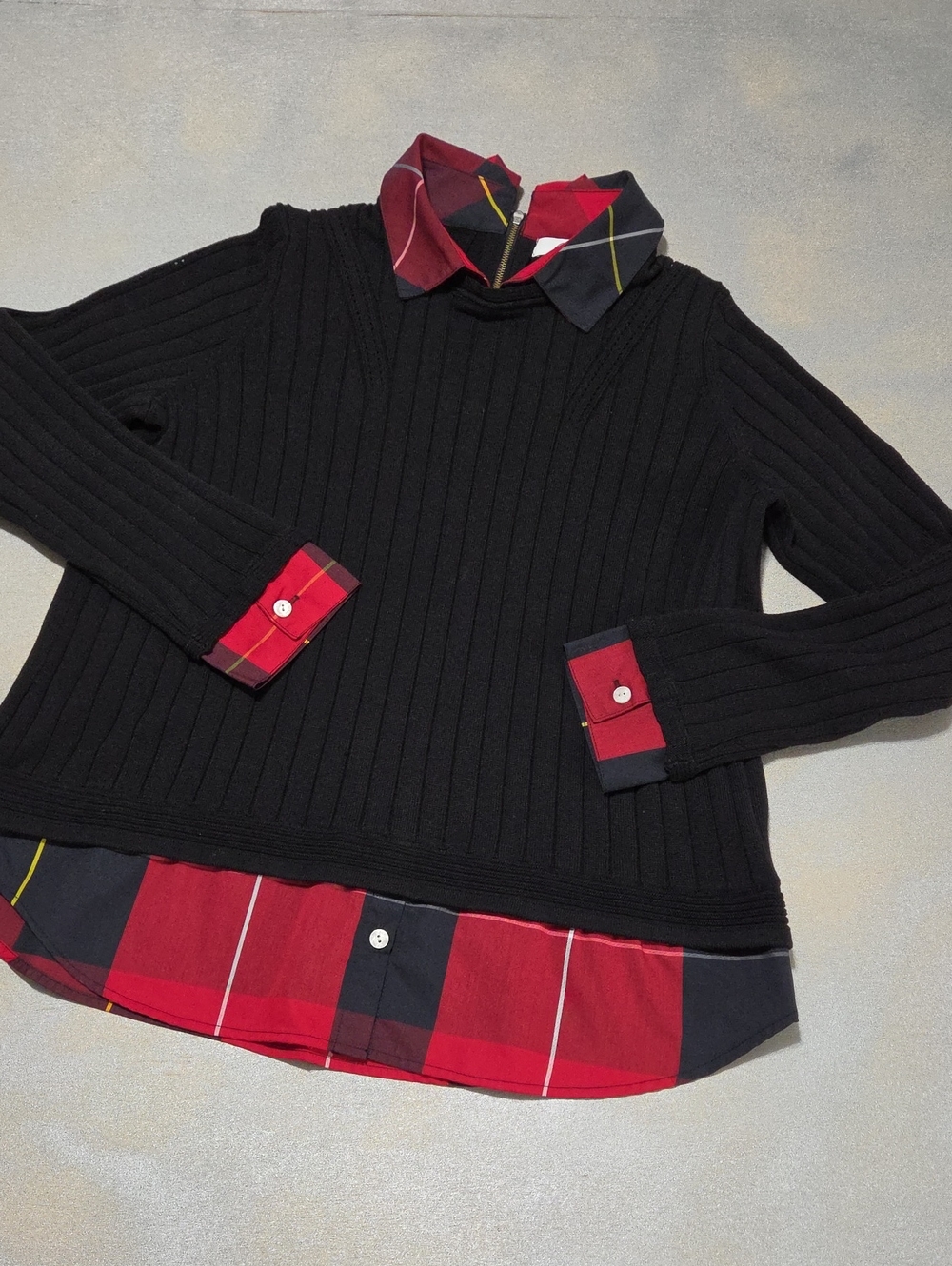 Foxcroft Black Ribbed Crewneck Sweater with Red Plaid Trim